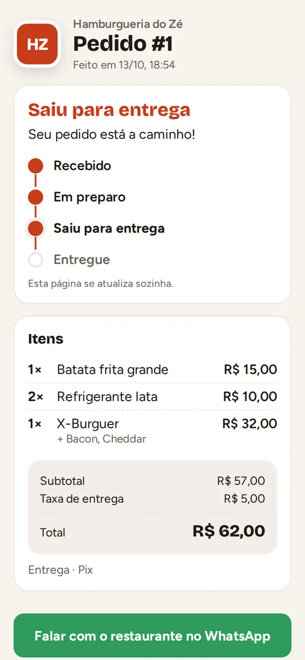 Página de acompanhamento do pedido mostrando Saiu para entrega