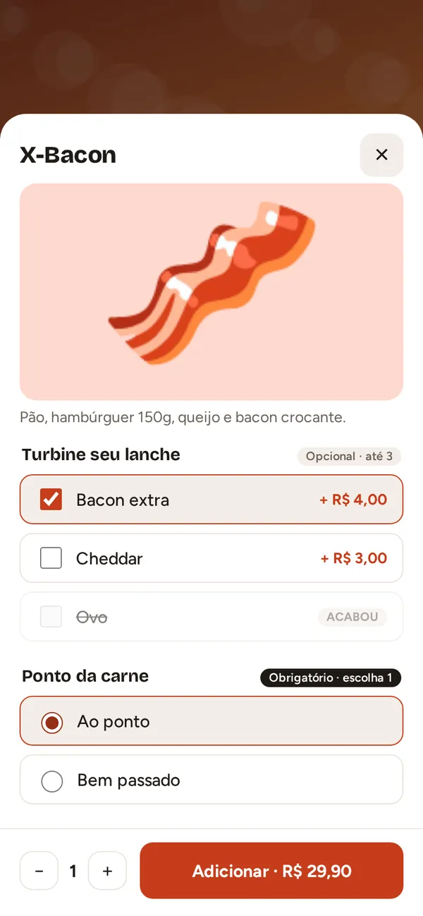 Cardápio do cliente: escolhendo os adicionais de um lanche