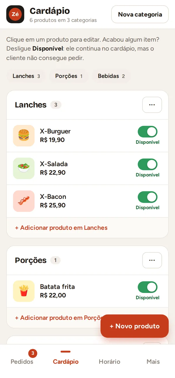 Painel do restaurante: lista de produtos com o botão Disponível